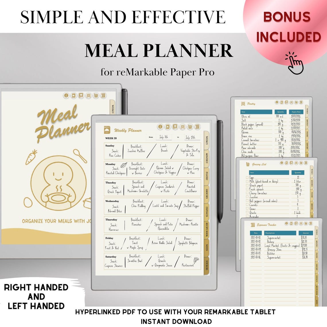 Meal Planner Template for Remarkable Paper Pro Hyperlinked Meal ...