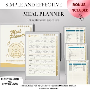 May include: Digital meal planner for reMarkable Paper Pro tablets. The planner includes a weekly layout, shopping lists, and a bonus section. The design is simple and effective, with a neutral color scheme and the text "Meal Planner" at the top.