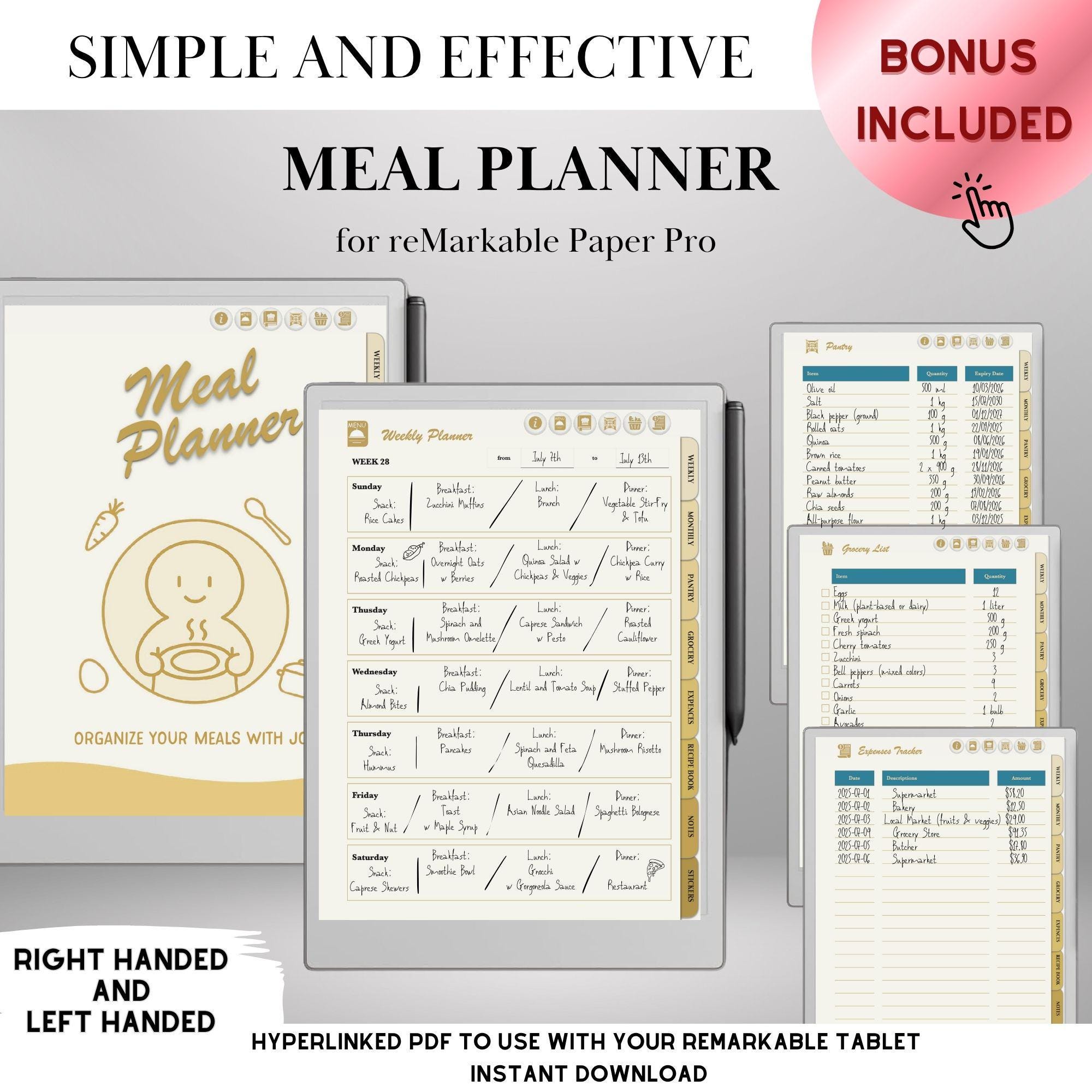 Meal Planner Template for Remarkable Paper Pro Hyperlinked Meal ...