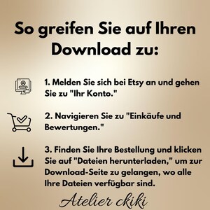 May include: A beige graphic with instructions on how to access a digital download from Etsy. The text includes steps to find the download files, with icons for account, shopping cart, and download.