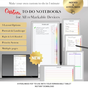 Puede incluir: Un cuaderno digital de tareas para tabletas reMarkable. La imagen muestra varias tabletas que muestran listas de tareas, con opciones de diseño, retrato y paisaje, uso para diestros y zurdos, y un sistema de priorización. El texto dice "Make your own custom to-do in 1 minute."