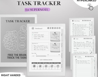 Peut inclure: Un gestionnaire de tâches numérique pour tablettes Supernote. L'image montre une mise en page de tableau de bord avec des sections pour les tâches quotidiennes, hebdomadaires et annuelles. Le design comprend un graphique de cerveau et le texte "Free the Brain, Track the Tasks."