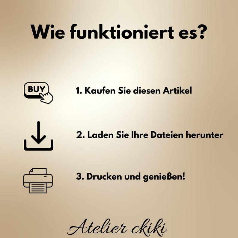 May include: A beige graphic with the text "Wie funktioniert es?" and instructions in German. The steps include buying, downloading files, and printing. The Atelier ckiki logo is at the bottom.