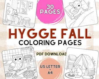 30 Cozy Hygge Fall Animal Coloring Pages | Cute Woodland Creatures | Warm and Relaxing Autumn Designs | Instant PDF Download for Kids