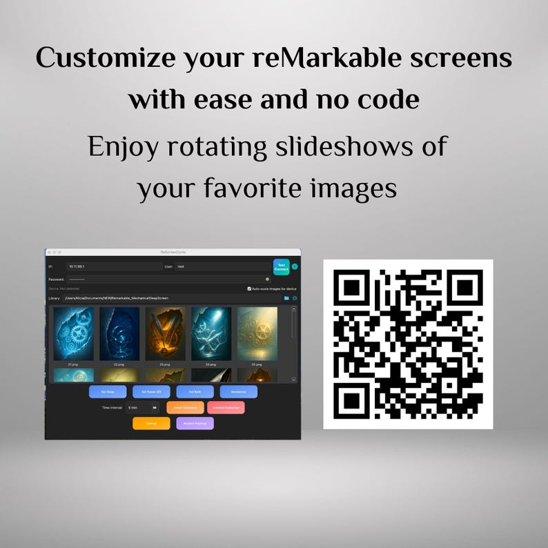 Pu&ograve; includere: Un display digitale con un'interfaccia software che mostra varie immagini. Il testo recita: "Personalizza i tuoi schermi reMarkable con facilit&agrave; e senza codice. Goditi presentazioni rotanti delle tue immagini preferite". Un codice QR &egrave; sulla destra.