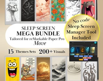 Peut inclure: Un ensemble numérique pour tablettes reMarkable comprenant plus de 200 visuels d'écran de veille répartis sur 15 thèmes, incluant des illustrations d'animaux, de nature et d'art abstrait, avec un outil de gestion sans code pour personnaliser l'affichage.
