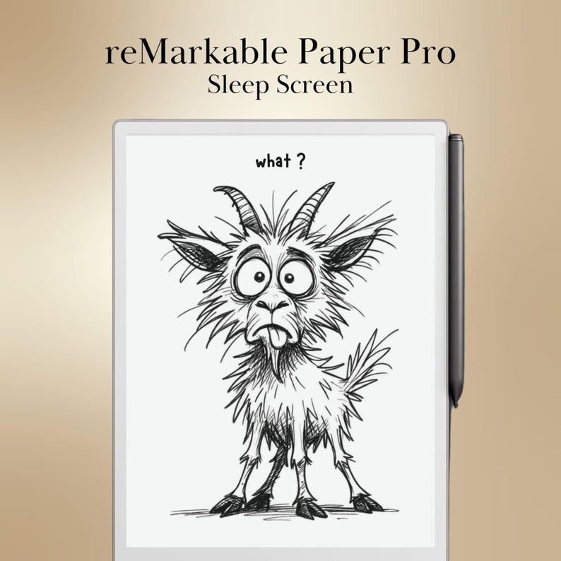 Pu&ograve; includere: Un tablet digitale con il testo "reMarkable Paper Pro Sleep Screen" in alto. Il tablet mostra un cartone animato di una capra con un'espressione sorpresa e la parola "what?" sopra. Uno stilo &egrave; posizionato a destra.
