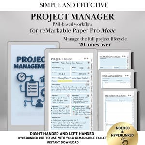 Może przedstawiać: Cyfrowy szablon menedżera projektu dla tabletów reMarkable. Obraz przedstawia tablet z krótkim projektem, zakresem, czasem i stronami śledzenia postępów. Tekst brzmi "Project Manager" i "Zarządzaj pełnym cyklem życia projektu 20 razy".