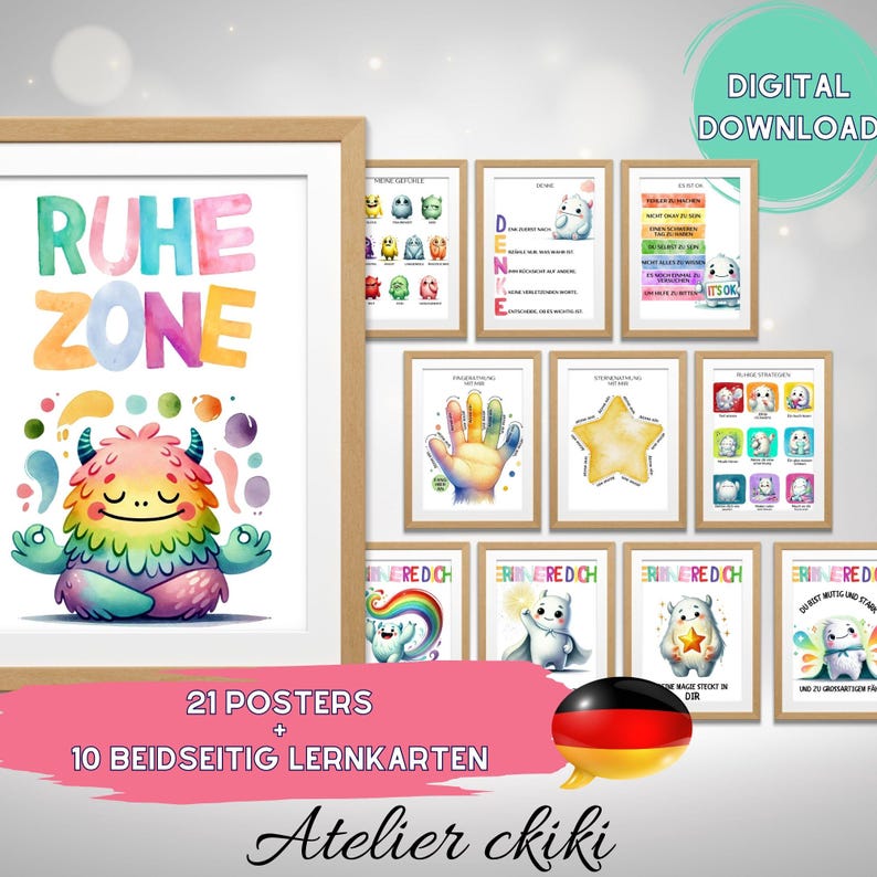 May include: A collection of colorful digital posters and learning cards. The main poster features the words "RUHE ZONE" above a cartoon monster. Other posters display various illustrations and text. The image includes the text "DIGITAL DOWNLOAD".