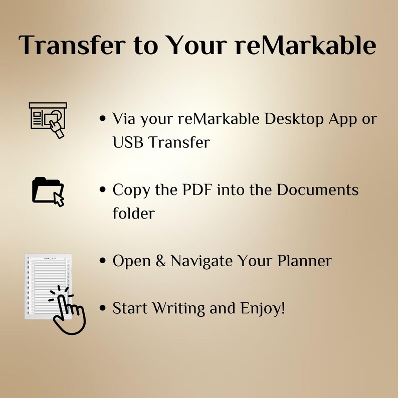 May include: Image with text: "Transfer to Your reMarkable." Instructions include transferring via app or USB, copying a PDF, opening and navigating a planner, and starting to write. Icons accompany each step.