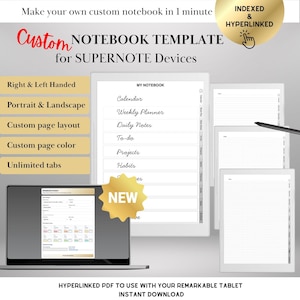 Può includere: Modello di taccuino digitale per dispositivi Supernote. Include layout per destrorsi e mancini, opzioni verticale e orizzontale, layout e colori di pagina personalizzati e schede illimitate. L'immagine mostra un tablet e un computer portatile.