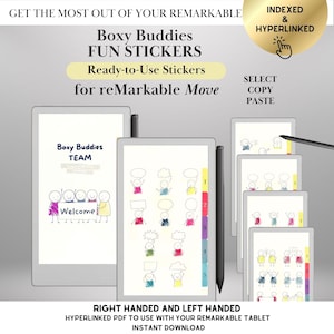 May include: Digital stickers for reMarkable tablets. The image shows a collection of digital stickers with the text "Boxy Buddies FUN STICKERS" and "Ready-to-Use Stickers". The stickers are designed for use on a reMarkable tablet and include various shapes and designs.