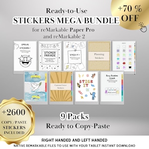 May include: A digital sticker mega bundle for reMarkable Paper Pro and reMarkable 2 tablets. The bundle includes 9 packs of ready-to-copy-paste stickers, such as emojis, sticker parade, and planning stickers. The image also includes the text "+70% OFF" and "+2600 COPY/PASTE STICKERS INCLUDED."