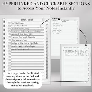 May include: A digital notebook with a white spiral binding, displaying to-do lists and index pages. The text "HYPERLINKED AND CLICKABLE SECTIONS" is at the top. The notebook allows for instant access to notes and endless pages.
