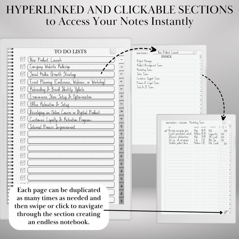 May include: A digital notebook with a white spiral binding, displaying to-do lists and index pages. The text "HYPERLINKED AND CLICKABLE SECTIONS" is at the top. The notebook allows for instant access to notes and endless pages.