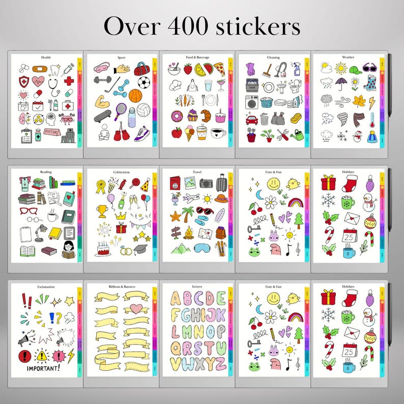 K&ouml;nnte beinhalten: Eine Sammlung von Stickerb&ouml;gen mit verschiedenen thematischen Illustrationen, darunter Gesundheit, Sport, Essen, Reinigung und Feiertage. Der Text "Over 400 stickers" ist oben zu sehen. Jedes Blatt ist mit farbenfrohen, handgezeichneten Bildern gef&uuml;llt.