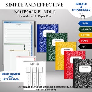 Pacchetto di quaderni a colori reMarkable Paper Pro / Quaderni PDF con collegamenti ipertestuali e indicizzati / Pagine a righe, a griglia, punteggiate e vuote / Modelli eInk