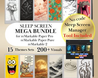 Peut inclure: Un ensemble numérique pour tablettes reMarkable comprenant plus de 200 visuels d'écran de veille répartis en 15 thèmes. Inclut un outil de gestion sans code. Affiche divers graphismes comme une autruche, des engrenages, un renard, des fleurs et un chat.