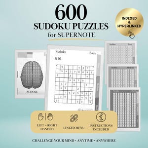 May include: A digital collection of 600 Sudoku puzzles for Supernote, featuring a brain graphic, a puzzle grid labeled #16, and navigation tabs for easy, medium, and hard levels. Includes a gold badge stating indexed and hyperlinked.