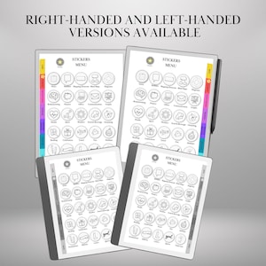 K&ouml;nnte beinhalten: Vier digitale Planerseiten mit dem Text "STICKERS MENU" und verschiedenen Icon-Stickern. Die Seiten sind wei&szlig; mit grauen R&auml;ndern und farbigen Registerkarten. Der Text "RIGHT-HANDED AND LEFT-HANDED VERSIONS AVAILABLE" steht oben.