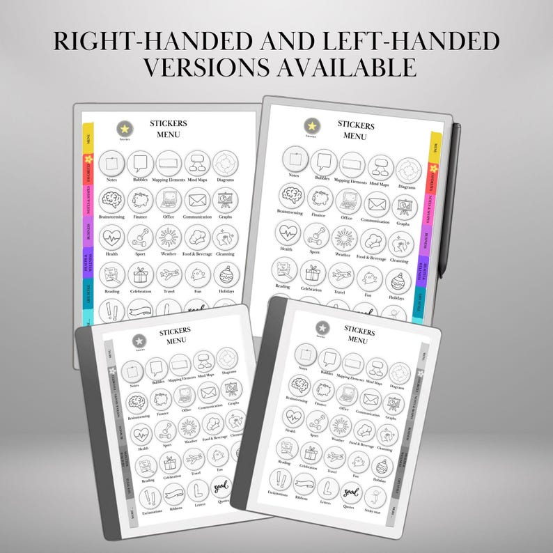 K&ouml;nnte beinhalten: Vier digitale Planerseiten mit dem Text "STICKERS MENU" und verschiedenen Icon-Stickern. Die Seiten sind wei&szlig; mit grauen R&auml;ndern und farbigen Registerkarten. Der Text "RIGHT-HANDED AND LEFT-HANDED VERSIONS AVAILABLE" steht oben.
