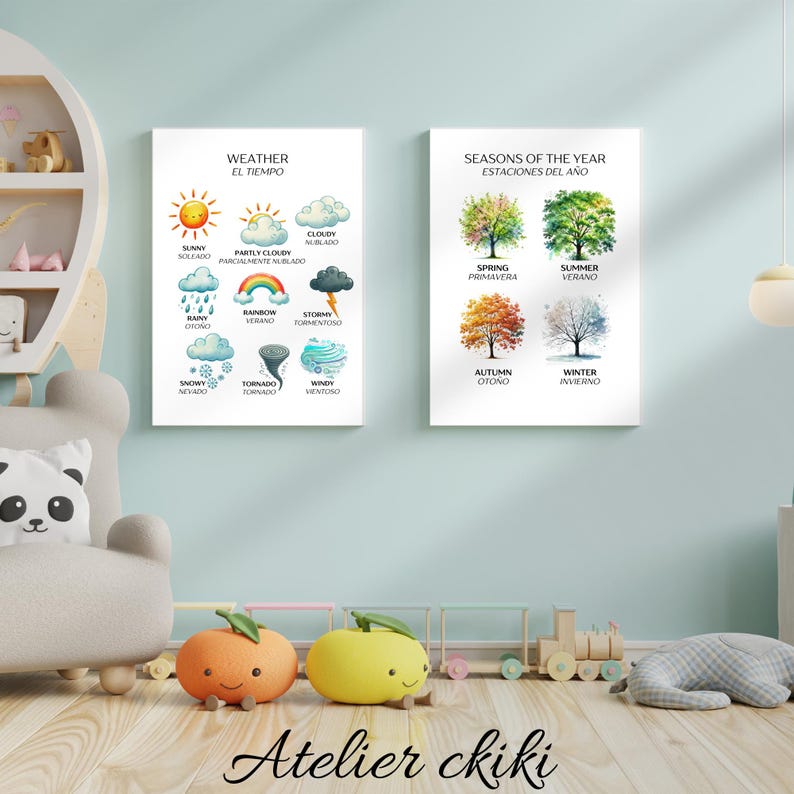 12 Bilingual English Spanish Educational Posters, Spanish Learning ...
