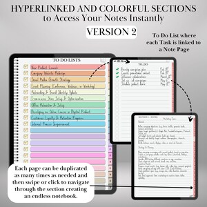 May include: Digital notebook with colorful, hyperlinked sections for instant access to notes. Features a to-do list and note pages. Text includes "TO DO LISTS", "TO_DO", and "SECTION 1: NOTES". Each page can be duplicated.