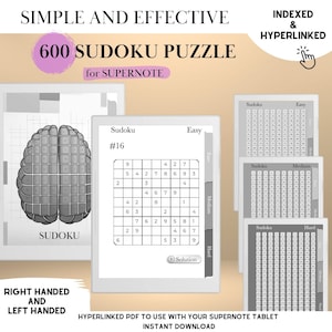 May include: A digital image of a brain with the word "Sudoku" underneath. The image is surrounded by a white border. The image is part of a larger image that shows a Sudoku puzzle with the text "Sudoku #16" and "Easy" above the puzzle. The puzzle is in a gray box with a white border. The image also shows a button that says "Solution". The image is part of a larger image that shows a set of 600 Sudoku puzzles for the Supernote tablet. The image is labeled "600 Sudoku Puzzle for Supernote" and "Indexed & Hyperlinked".