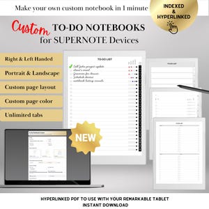Peut inclure: Un carnet de tâches numérique pour appareils Supernote. L'image montre une tablette avec une liste de tâches, un ordinateur portable et un stylet. Comprend des mises en page, des couleurs et des onglets personnalisés. Le texte dit "Indexed & Hyperlinked" et "Téléchargement instantané."