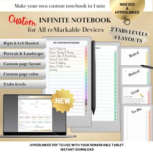 Peut inclure: Carnet numérique pour tablettes reMarkable. L'image montre une tablette avec un stylet, un ordinateur portable et diverses mises en page de carnet. Le texte comprend "Custom Infinite Notebook" et "Hyperlinked PDF."