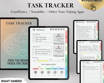 May include: Digital task tracker displayed on tablets. The design includes a dashboard, to-do lists, and goal-setting sections. The text includes "Simple and Effective Task Tracker" and "Free the Brain Track the Tasks."