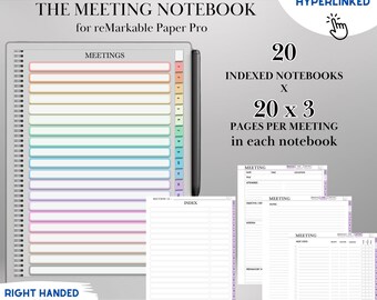 May include: A set of 20 indexed and hyperlinked notebooks for the reMarkable Paper Pro. Each notebook has 20 pages with 3 pages per meeting. The notebooks are designed for right and left-handed users. The image shows a sample page with a colorful index and a meeting page with sections for date, time, attendees, topics, and notes.