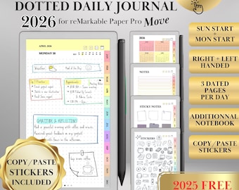 reMarkable Paper pro Move用2026日めくりドットジャーナル、ジャーナリング、ハイパーリンクカレンダー、ノート＆ステッカー、reMarkableプランナーテンプレート