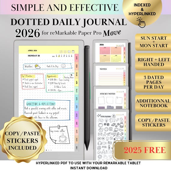 2026 Daily Dotted Journal for reMarkable Paper pro Move, Journaling, Hyperlinked Calendar, Notebook & Stickers, reMarkable Planner Templates