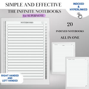 以下が含まれることがあります： Supernote 用のインデックス付きノートブック20冊セット。右利きと左利きの両方に対応しています。ノートブックには「NOTEBOOKS」というラベルが貼られており、シンプルでクリーンなデザインです。画像の右上隅には「INDEXED & HYPERLINKED」というテキストが表示されています。