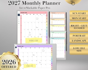 Calendario mensual 2027 para la agenda minimalista hipervinculada reMarkable Paper Pro: vista mensual de página completa + resumen anual - Disponible para 2026.