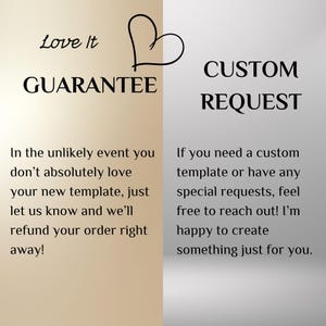 May include: A graphic with text that reads "Love It GUARANTEE" and "CUSTOM REQUEST". The guarantee states refunds are available. The custom request section offers custom templates.