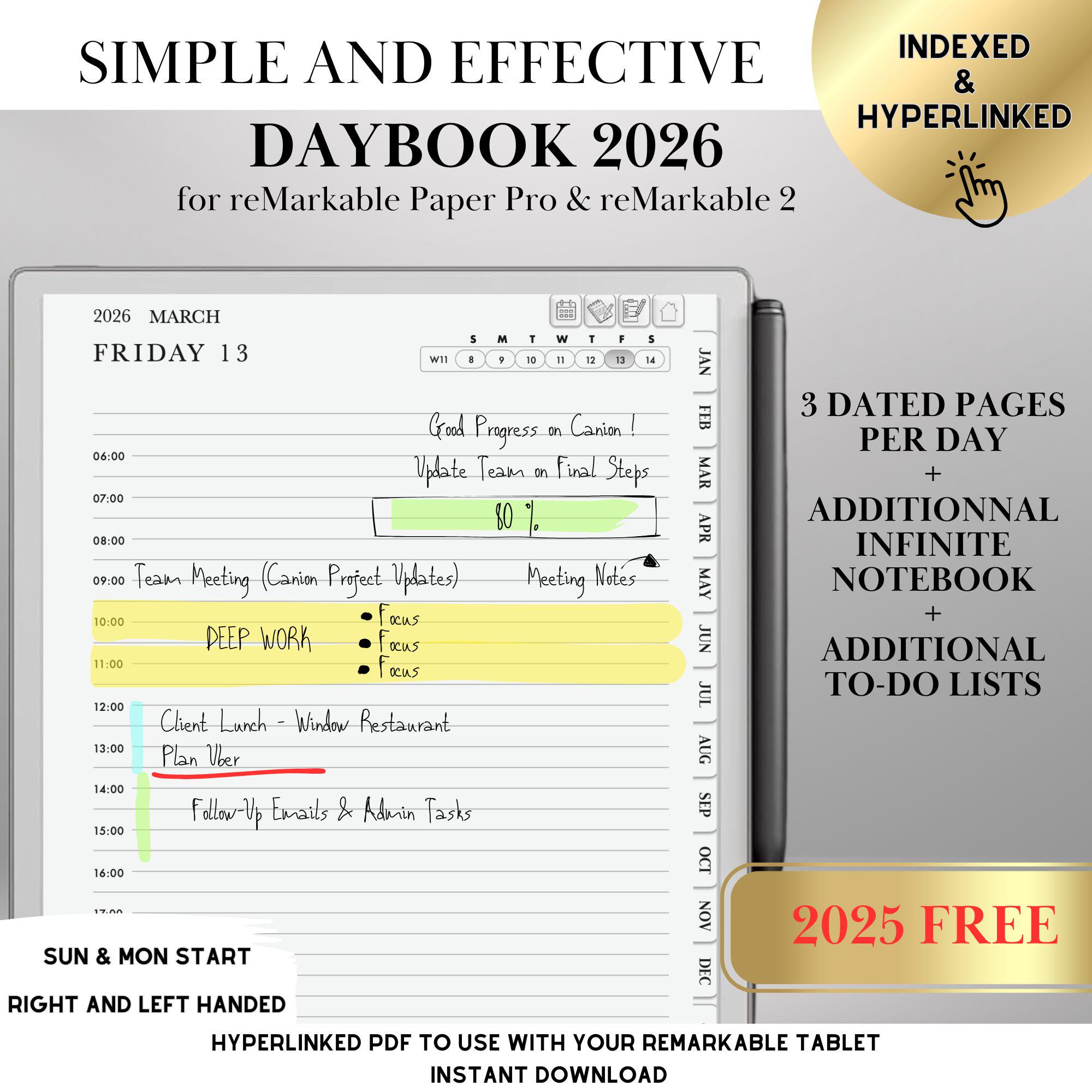 Daily Planner 2026 for Remarkable Paper Pro and 2: Daybook Hyperlinked ...