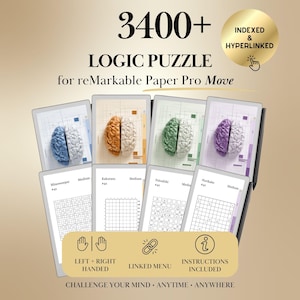 May include: A digital logic puzzle collection for reMarkable Paper Pro Move featuring 3400+ indexed and hyperlinked puzzles. The display shows various brain graphics and puzzle grids including Minesweeper, Kakurasu, Futoshiki, and Nurikabe.