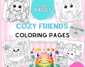 May include: A set of 10 black and white coloring pages featuring cute cartoon monsters in various cozy settings. The title "Cozy Friends Coloring Pages" is at the top of the image. The text "US Letter + A4" and "PDF Downloads" are also included in the image.