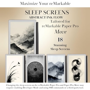 Może przedstawiać: Obraz przedstawia tablety reMarkable z abstrakcyjnymi ekranami uśpienia z przepływem tuszu. Tekst: "Maximize Your reMarkable SLEEP SCREENS ABSTRACT INK FLOW Tailored for reMarkable Paper Pro Move 18 Stunning Sleep Screens."