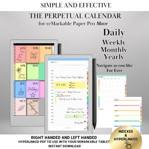 Könnte beinhalten: Digitaler ewiger Kalender für reMarkable Paper Pro Move. Das Bild zeigt ein Tablet mit Kalender-Oberfläche, einen Stift und monatliche Registerkarten. Text enthält "Einfach und effektiv" und "Täglich, Wöchentlich, Monatlich, Jährlich".