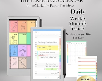 Perpetual Calendar for reMarkable Paper Pro Move Templates, Daily planner Undated Monthly Weekly Daily Hourly Hyperlinked Planner