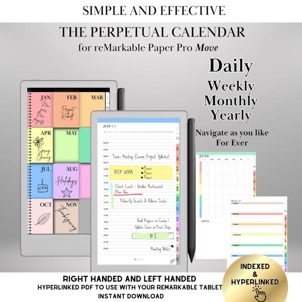 Ewiger Kalender für reMarkable Paper Pro Move Templates, Tagesplaner Undatiert Monatlich Wöchentlich Täglich Stundenweise Hyperlink-Planer