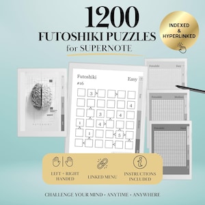 Può includere: Una collezione digitale di 1200 puzzle Futoshiki per Supernote, con uno schermo centrale che mostra un puzzle a griglia con numeri e simboli di disuguaglianza. Include un badge dorato con la scritta Indexed & Hyperlinked, icone per uso con mano sinistra e destra, un menu collegato e istruzioni.