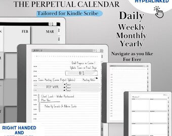 Kindle Scribe Template Perpetual Planner Undated calendar | Hyperlinked Daily, Weekly & Monthly | Minimalist E-Ink Journal Template