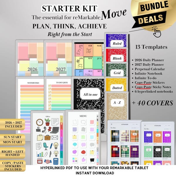 Templates for reMarkable Paper Pro Move Starter Kit | Planner, Calendar 2026-2027, Stickers, Sticky Notes, Covers & Notebooks