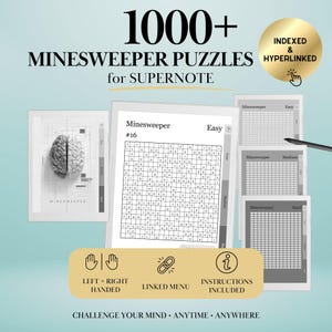 Può includere: Una collezione digitale di 1000+ puzzle Minesweeper per Supernote, con uno schermo centrale che mostra un puzzle a griglia, pannelli laterali con livelli di difficoltà e un badge circolare dorato con la scritta Indexed & Hyperlinked.