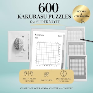 May include: A digital collection of 600 Kakurasu puzzles for Supernote, featuring a central screen displaying puzzle #16 with a grid and numerical clues. The interface includes indexed, hyperlinked menus, left and right-handed support, and instructions. The layout shows multiple puzzle difficulty levels, including easy, medium, and hard, with a brain graphic on the cover page.