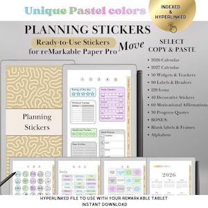 以下が含まれることがあります： reMarkable Paper Proタブレット用のデジタルプランニングステッカー。画像には、カレンダー、ウィジェット、トラッカー、ラベル、アイコン、モチベーションを高めるアファメーションなど、すぐに使えるさまざまなステッカーが表示されています。ステッカーはパステルカラーです。